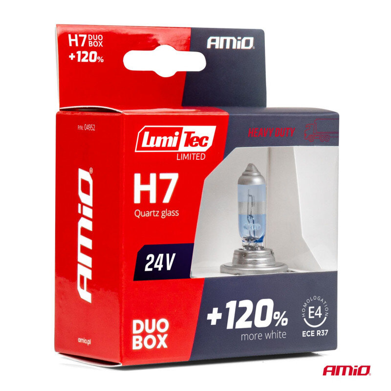 Opakowanie żarówek samochodowych AMiO LUMITEC H7 24V 70W z napisem \'+120% more white\'. Widoczne logo AMiO oraz oznaczenia \'H7 DUO BOX\' i \'ECE R37\'.