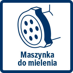 Ikona przedstawiająca maszynkę do mielenia z napisem \'Maszynka do mielenia\'.