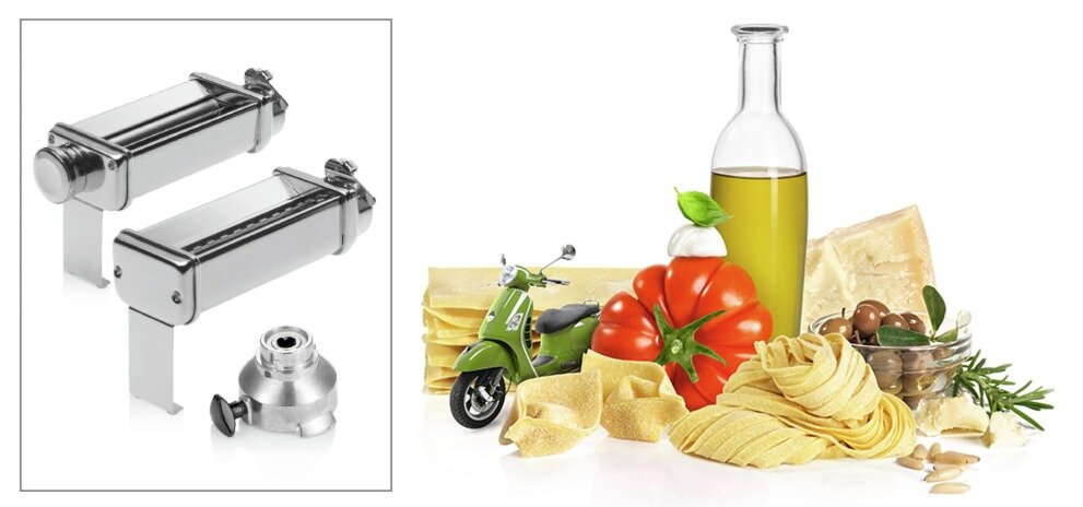 Po lewej stronie znajdują się dwa metalowe akcesoria kuchenne oraz element mocujący. Po prawej stronie widoczne są składniki kuchenne, takie jak makaron, pomidor, oliwa z oliwek, ser i zioła.