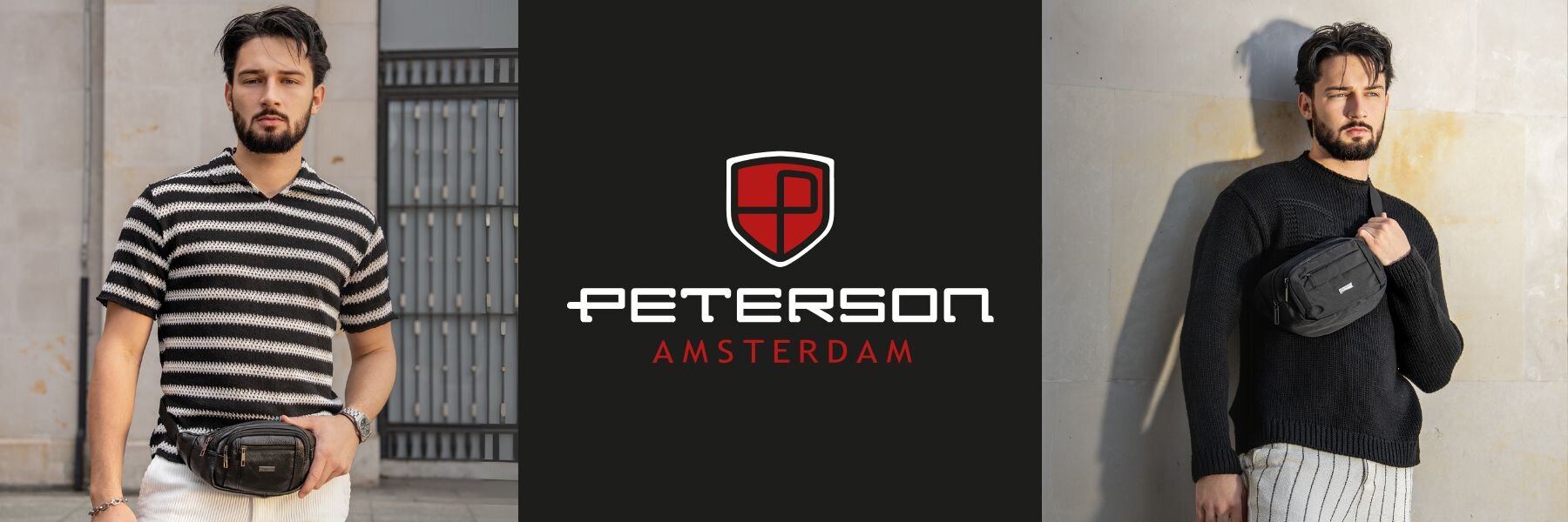 Na obrazie widoczne są dwie osoby noszące torby na pasku, a pomiędzy nimi znajduje się logo i napis \'PETERSON AMSTERDAM\'.