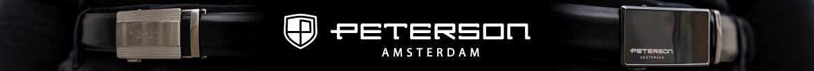 Obraz przedstawia dwa czarne paski z klamrami, z logo \'PETERSON\' oraz napisem \'AMSTERDAM\' na środku.