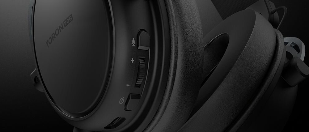Słuchawki GENESIS Toron 706 Wireless sterowanie mikrofon profile dźwiękowe tryb połączenia, kadr na przyciski funkcyjne na czarnym tle