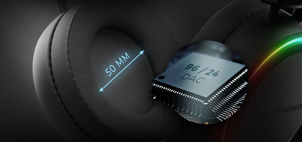 Słuchawki GENESIS Neon 614 USB 50 mm 24 bit 96 kHz wirtualny dźwięk 7.1, kadr na nauszniki na czarnym tle