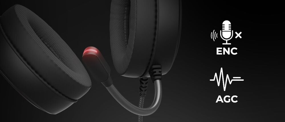 Słuchawki GENESIS Neon 614 USB mikrofon ENC redukcja hałasu AGC komunikacja, kadr na słuchawki, logo enc oraz AGC