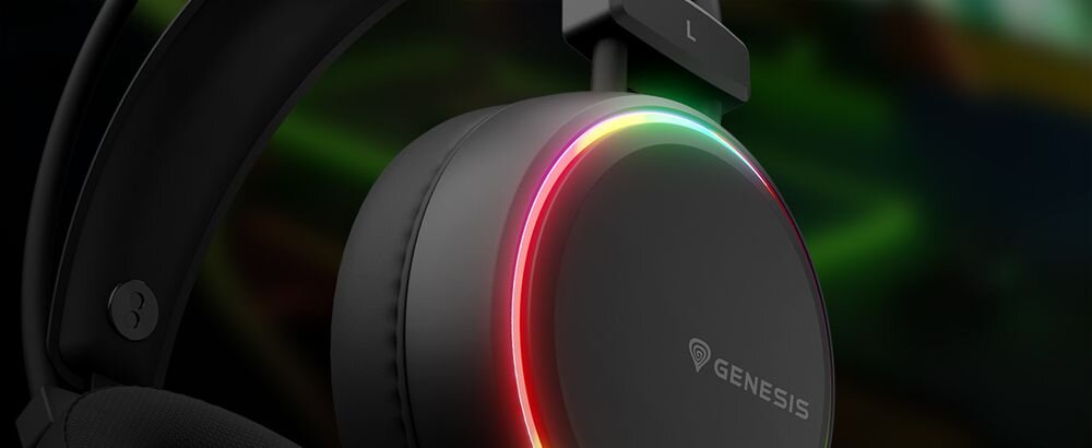 Słuchawki GENESIS Neon 614 USB subtelne podświetlenie gamingowy setup estetyczny design, kadr słuchawek na czarnym tle