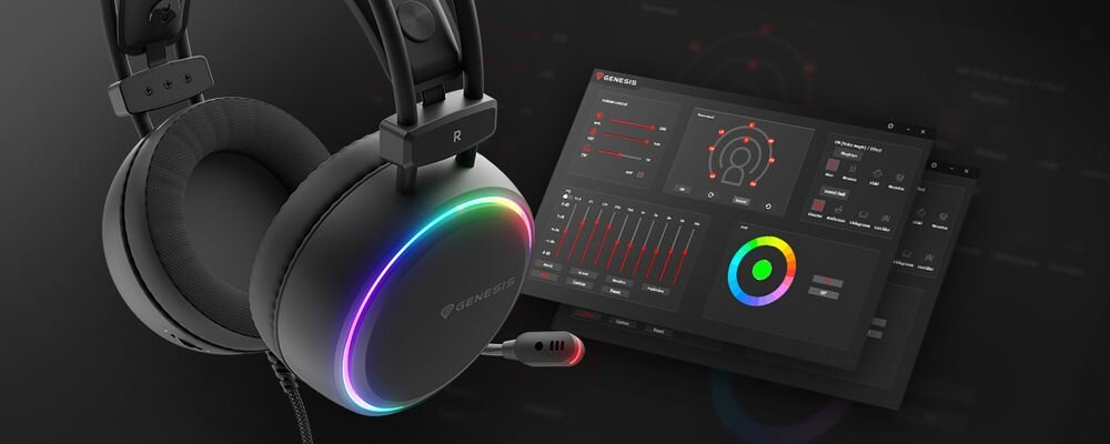Słuchawki GENESIS Neon 614 USB oprogramowanie EQ własny profil audio ENC AGC, słuchawki z ekranem aplikacji na czarnym tle