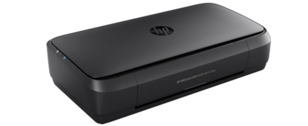 Czarne urządzenie wielofunkcyjne z widocznym logo HP na górze. Na przedniej części znajduje się napis \'HP OfficeJet 250 Mobile All-in-One\'.