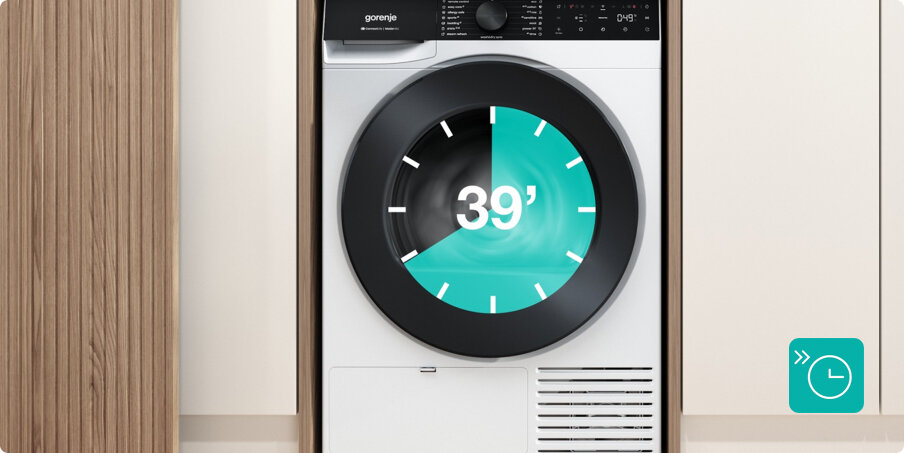 Suszarka Gorenje z grafiką tarczy zegara i napisem 39' na drzwiach oraz turkusową ikoną zegara ze strzałkami.