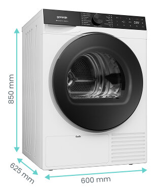 Suszarka Gorenje z zaznaczonymi wymiarami: wysokość 850 mm, głębokość 625 mm oraz szerokość 600 mm.