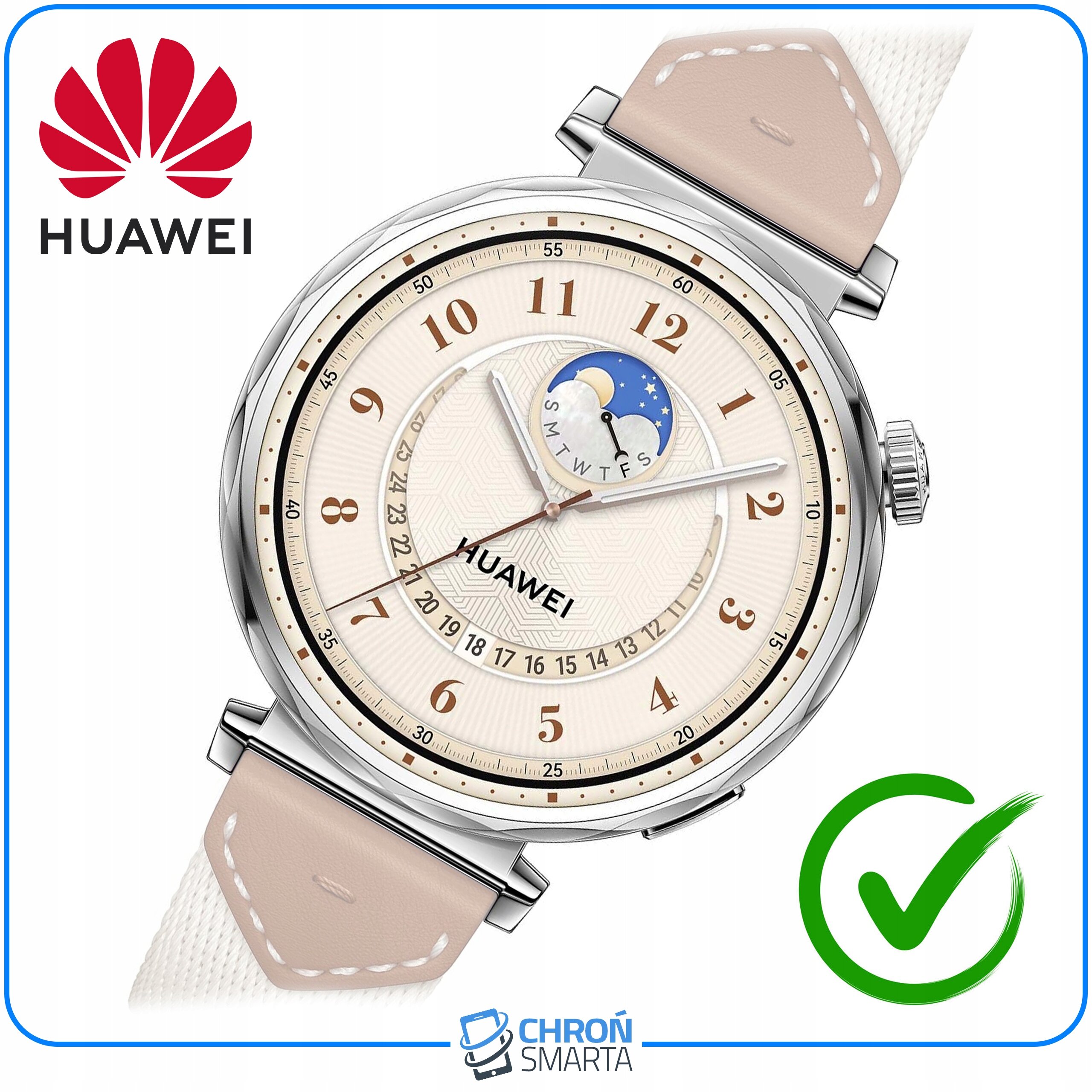 Zegarek z jasną tarczą, na której widoczne są cyfry oraz logo \'HUAWEI\'. Obok zegarka znajduje się czerwone logo Huawei oraz zielony symbol zatwierdzenia.