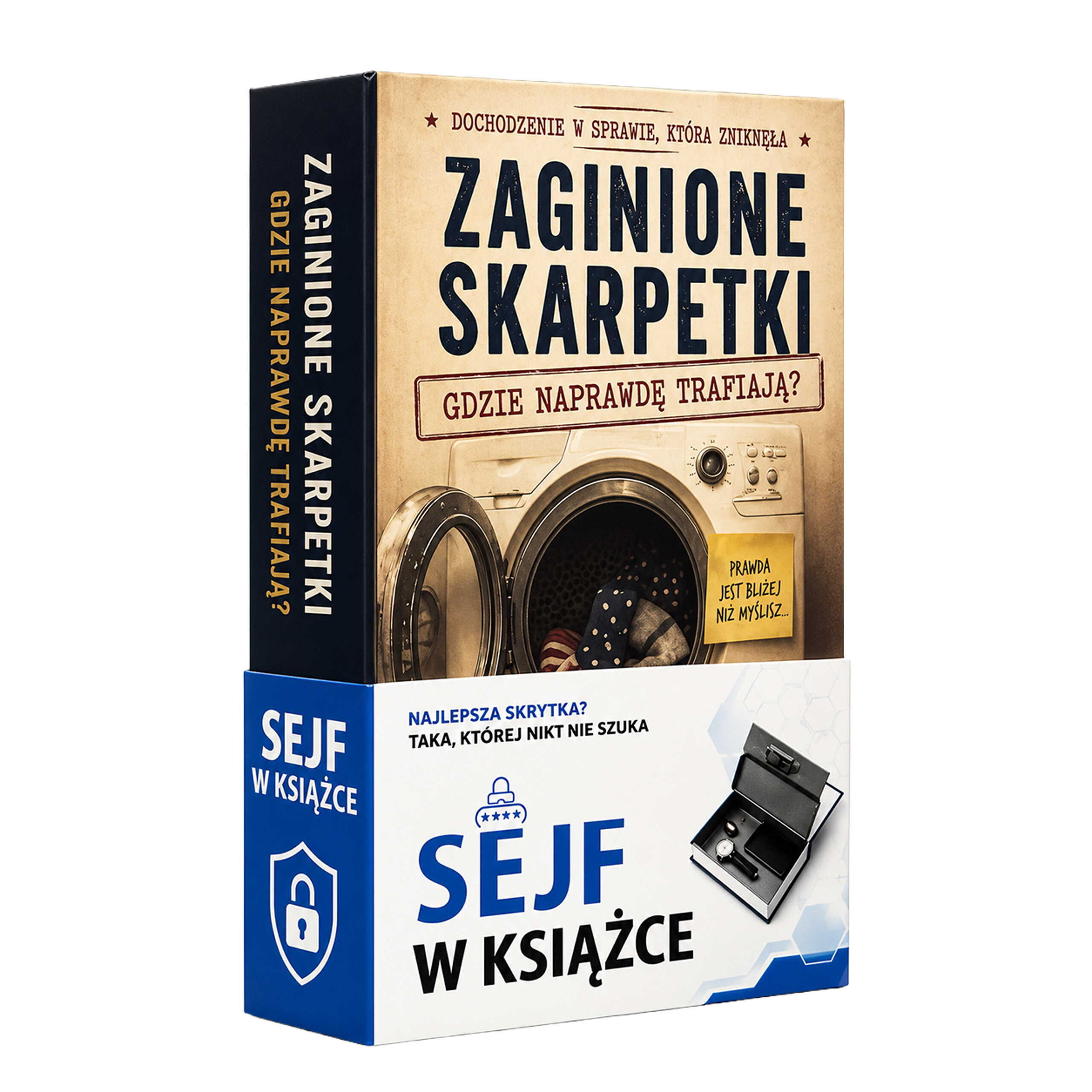 Opakowanie produktu przypominające książkę z tytułem \'Zaginione Skarpetki\' oraz grafiką pralki. Na dole widnieje napis \'SEJF W KSIĄŻCE\' z ilustracją metalowej skrytki.