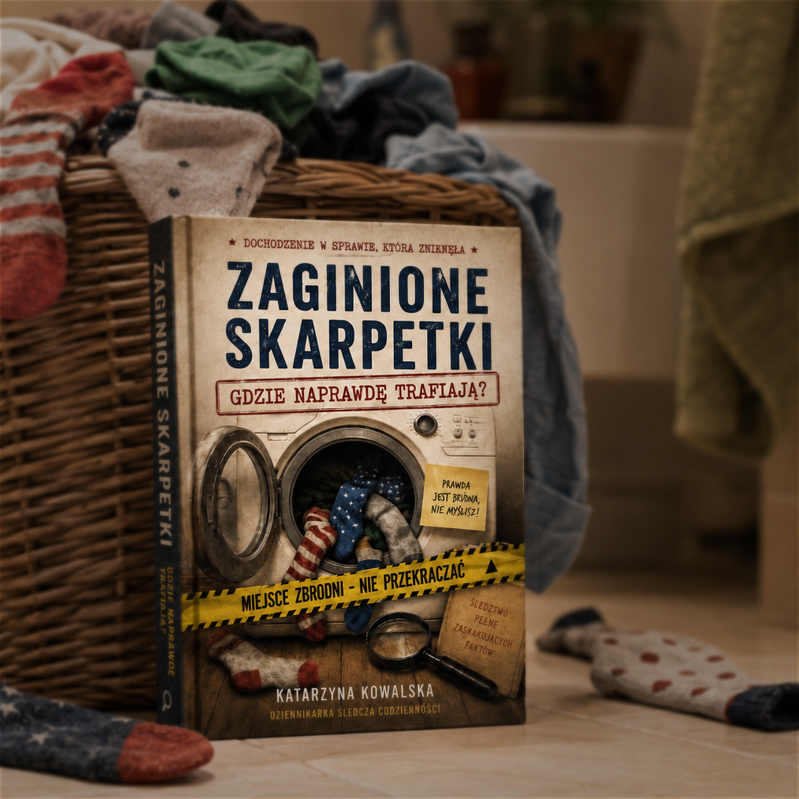 Na obrazie widoczna jest książka z tytułem \'Zaginione Skarpetki\', z grafiką pralki pełnej skarpetek i napisem \'Miejsce zbrodni - nie przekraczać\'. W tle znajduje się kosz z praniem i rozrzucone skarpetki.