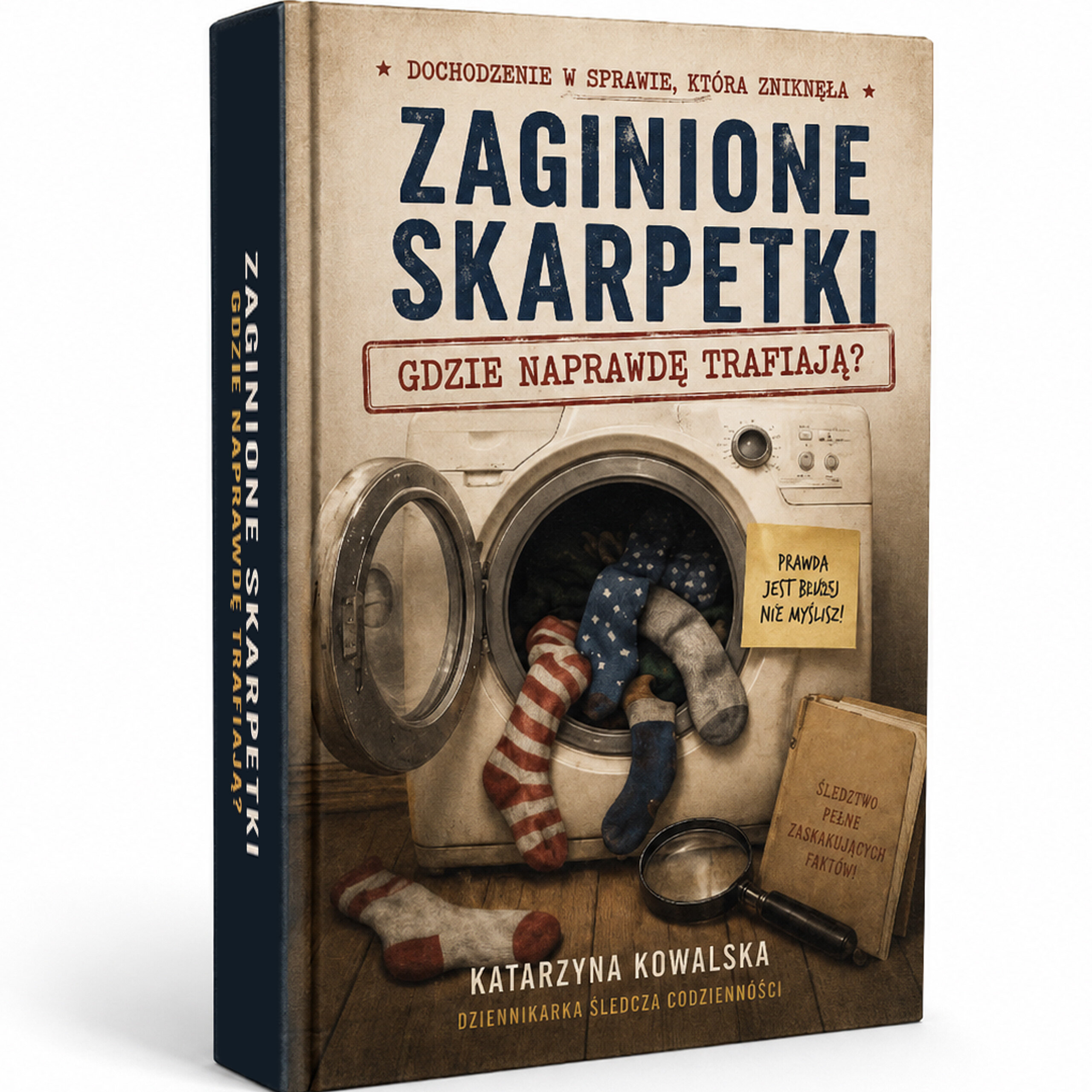 Okładka książki z napisem \'Zaginione Skarpetki: Gdzie naprawdę trafiają?\' przedstawia pralkę z wystającymi skarpetkami. Na dole widnieje nazwisko \'Katarzyna Kowalska\' oraz napis \'Dziennikarka śledcza codzienności\'.