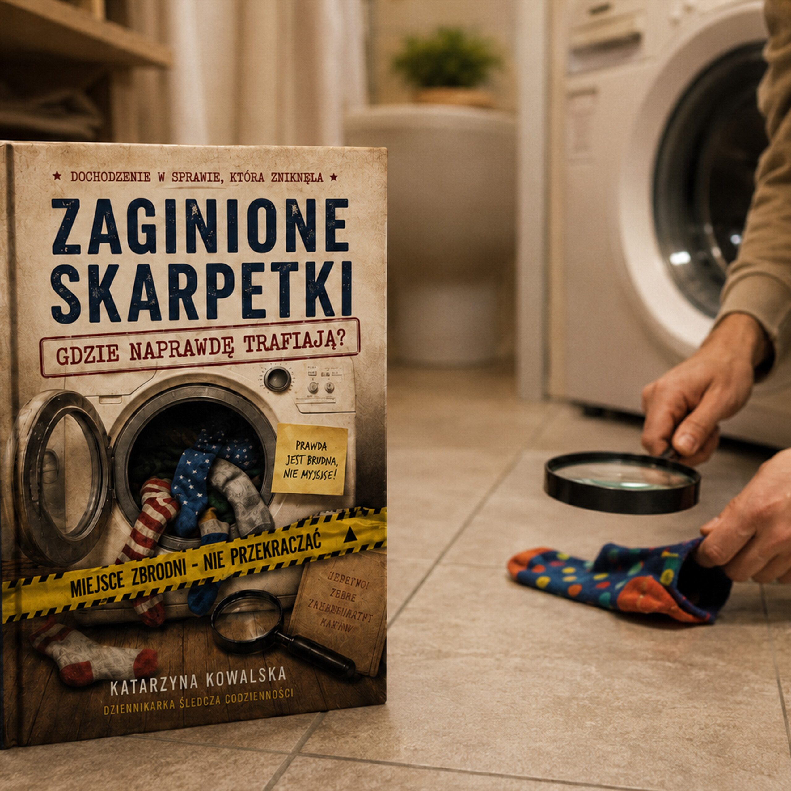 Na pierwszym planie znajduje się książka z tytułem \'Zaginione Skarpetki\', z grafiką pralki i skarpetek. Obok osoba trzymająca lupę, a w tle widoczna jest pralka.