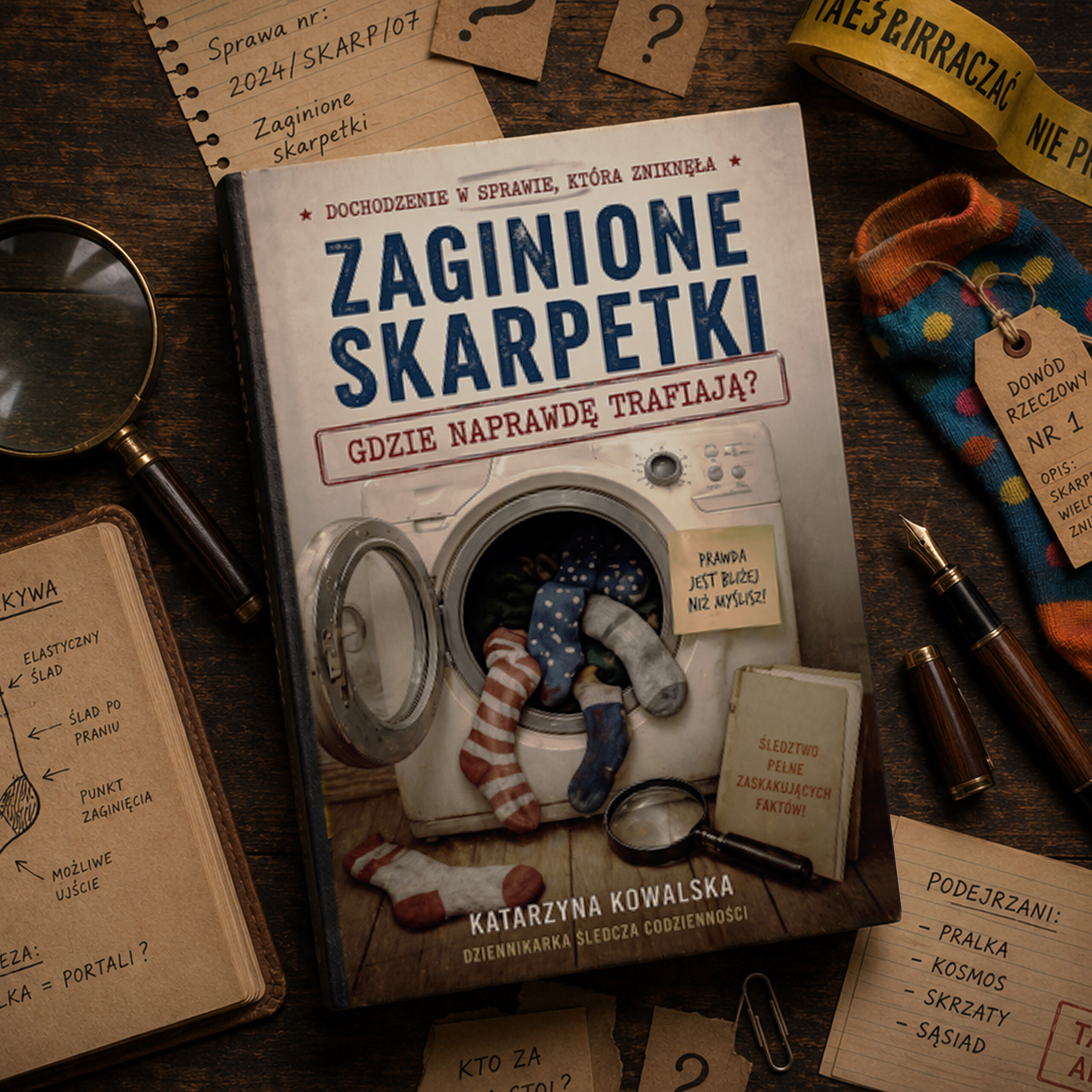 Na obrazie widoczna jest książka zatytułowana \'Zaginione Skarpetki\', z ilustracją pralki pełnej skarpetek na okładce. Wokół książki znajdują się różne notatki, lupa, długopisy i skarpetki z etykietą \'Dowód rzeczowy nr 1\'.