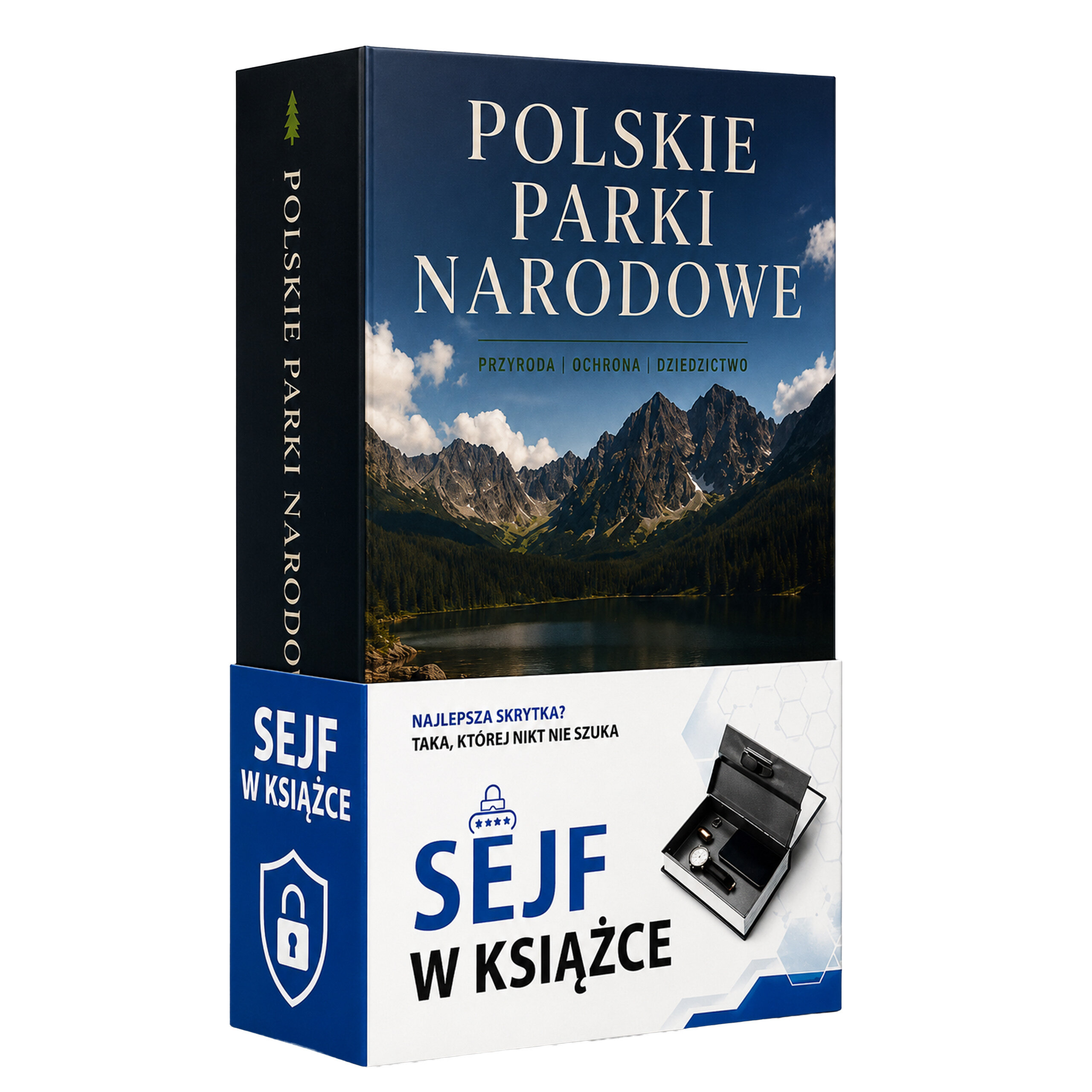 Obraz przedstawia produkt w formie książki z tytułem \'Polskie Parki Narodowe\', z widokiem na góry i jezioro na okładce. Na opakowaniu widnieje napis \'SEJF W KSIĄŻCE\' oraz zdjęcie metalowej skrytki.