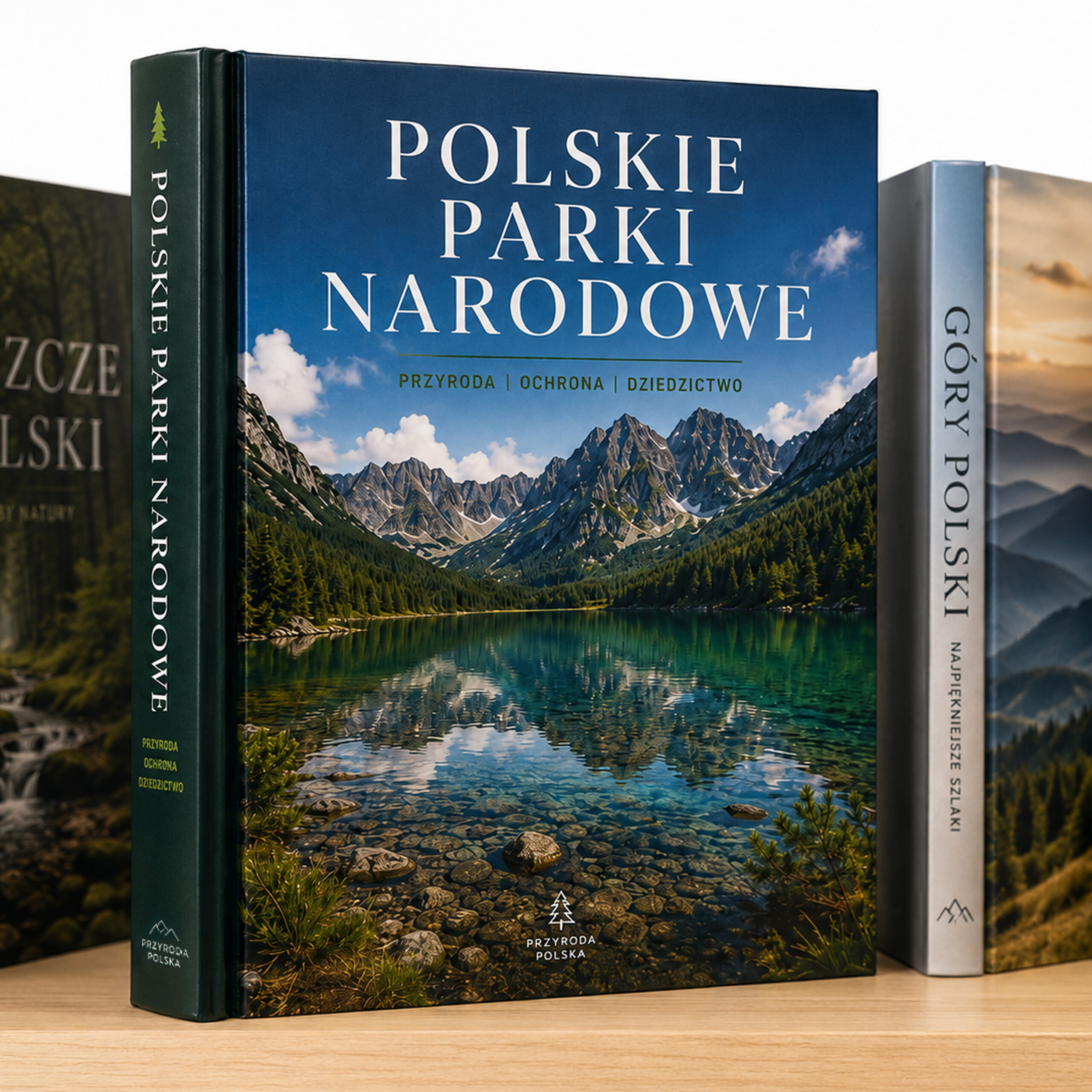 Na zdjęciu widoczna jest książka z tytułem \'Polskie Parki Narodowe\' z fotografią górskiego krajobrazu na okładce. Obok znajdują się inne książki z podobnymi motywami przyrodniczymi.