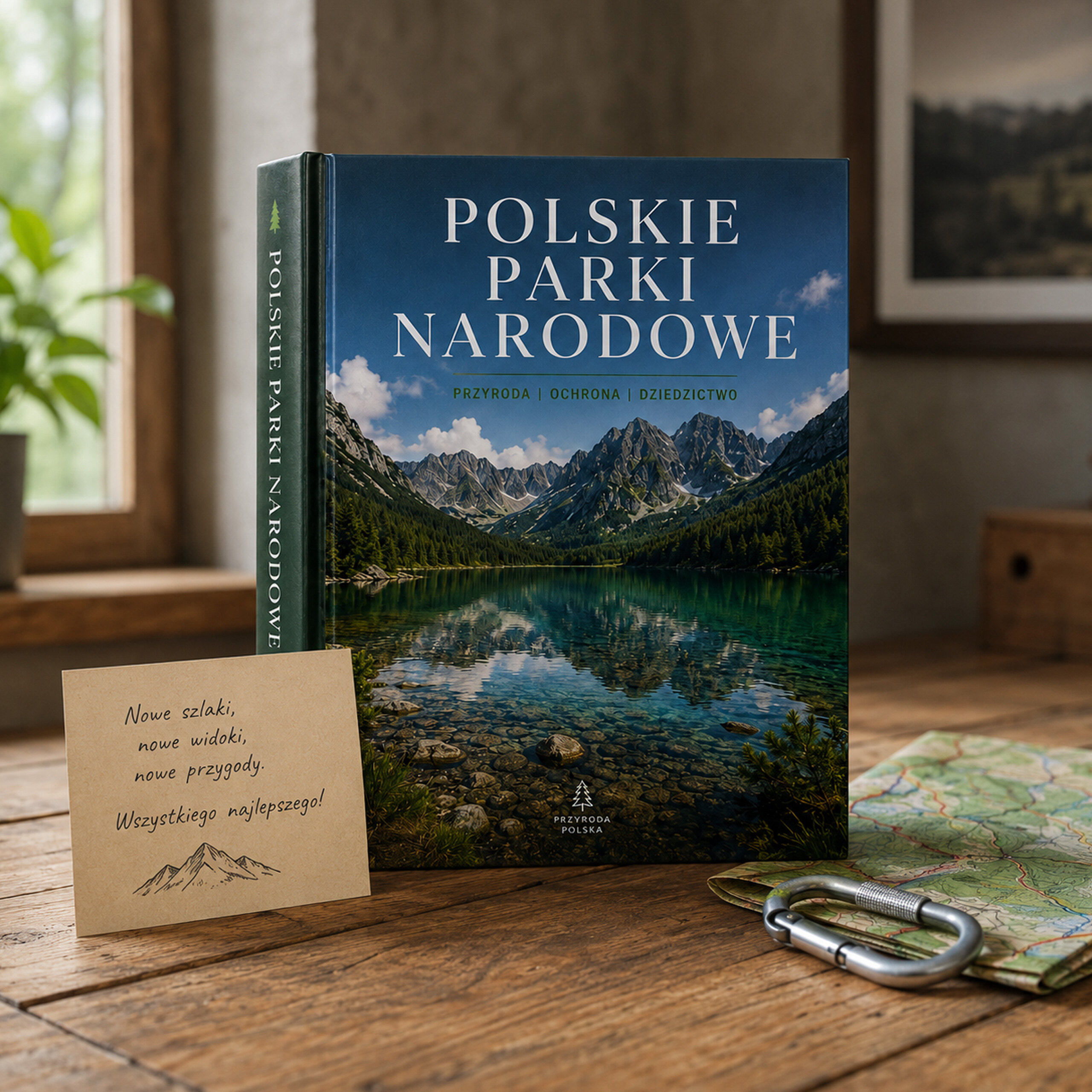 Na obrazie widoczna jest książka z okładką przedstawiającą górski krajobraz i napisem \'Polskie Parki Narodowe\'. Obok książki leży kartka z tekstem: \'Nowe szlaki, nowe widoki, nowe przygody. Wszystkiego najlepszego!\'.