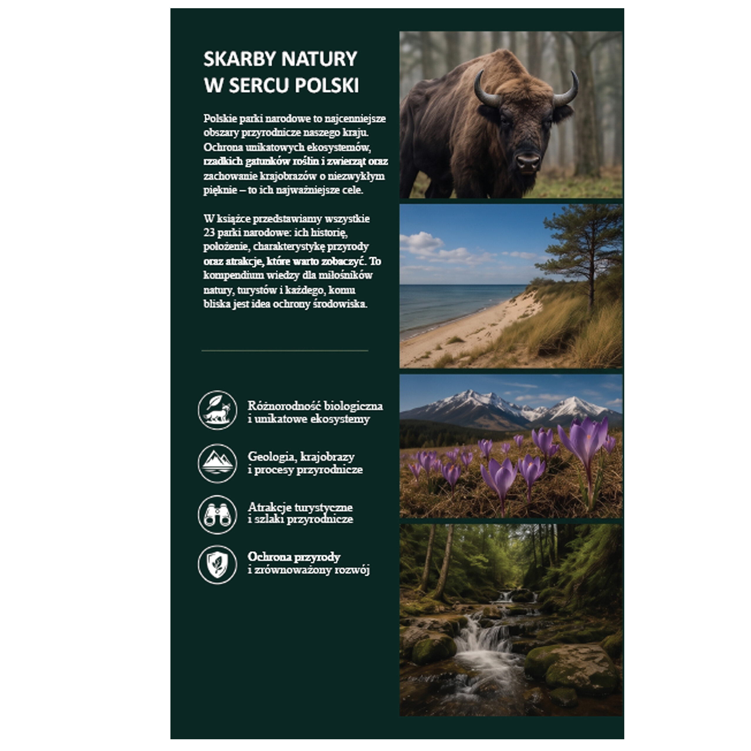 Plakat przedstawia zdjęcia przyrody z polskich parków narodowych oraz tekst opisujący ich znaczenie i różnorodność. Widoczne są zdjęcia żubra, plaży, gór z krokusami oraz lasu z potokiem, a także ikony symbolizujące różnorodność biologiczną, geologię, atrakcje turystyczne i ochronę przyrody.