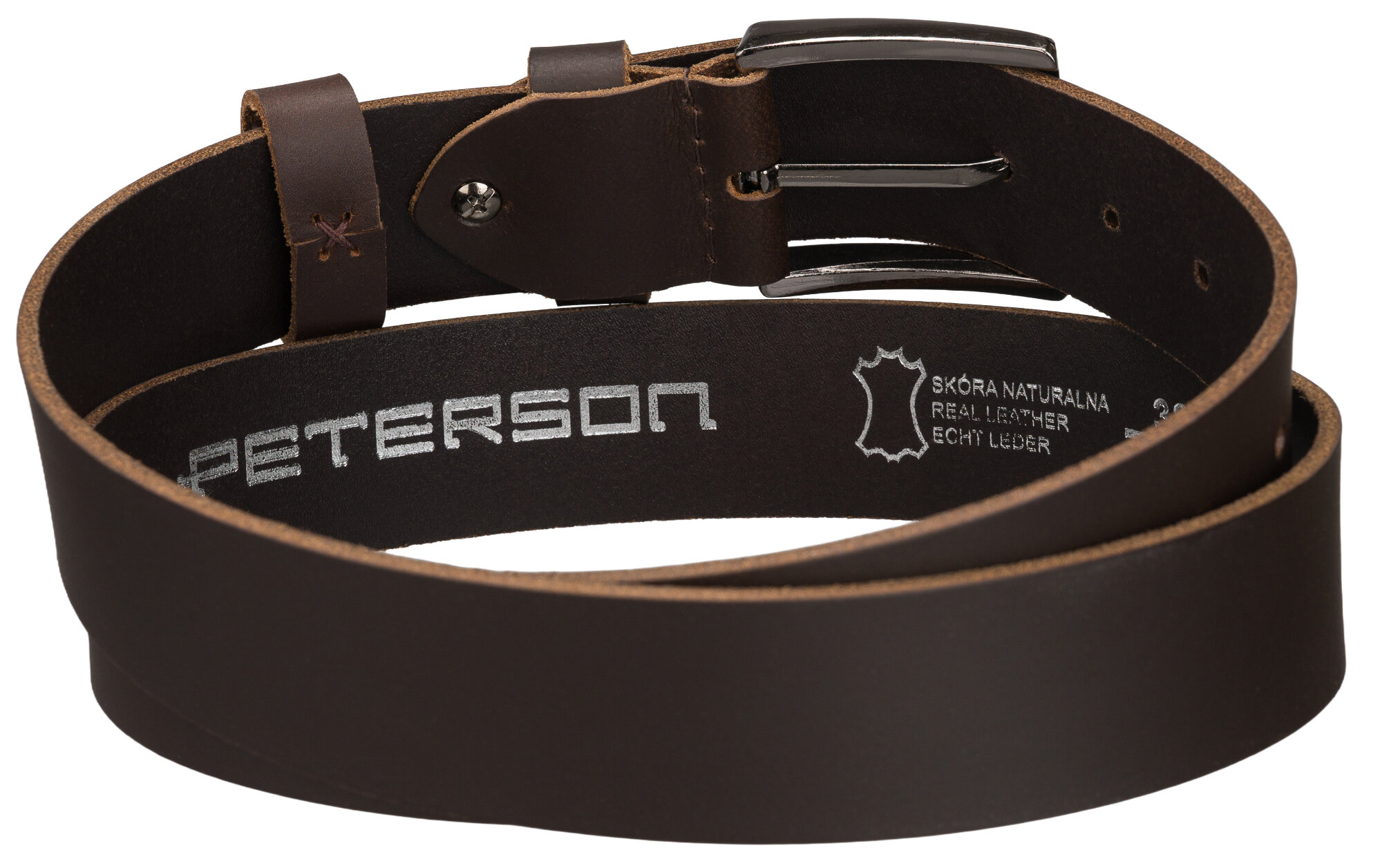 Brązowy skórzany pasek z klasyczną klamrą, na wewnętrznej stronie widoczny napis \'PETERSON\' oraz oznaczenie \'SKÓRA NATURALNA REAL LEATHER ECHT LEDER\'.