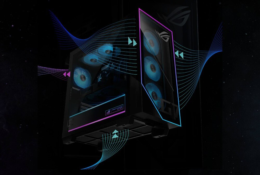 Komputer ASUS ROG G700TF-07265F421W Szklana obudowa komputera pokazana z zaznaczonym przepływem powietrza za pomocą kolorowych strzałek wokół wentylatorów, wygląd, szklane panele, konstrukcja