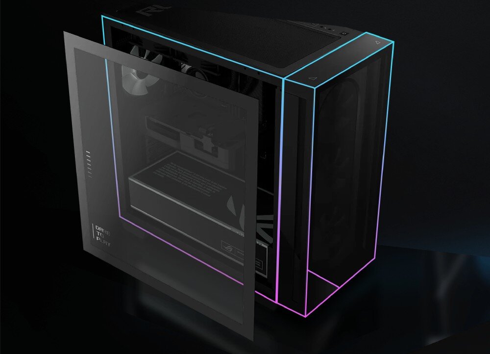 Komputer ASUS ROG G700TF-07265F421W Grafika przedstawiająca dwie zarysowane obudowy komputera z niebiesko różowym konturem i wysuwanym panelem bocznym ze szkła, dostęp do wnętrza, rozbudowa