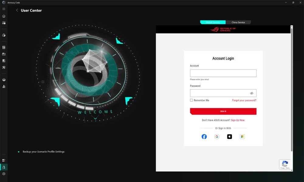 Komputer ASUS ROG G700TF-07265F421W Ekran aplikacji z interfejsem przypominającym futurystyczny zegar po lewej i formularzem logowania konta po prawej, aplikacja, funkcje, narzędzia