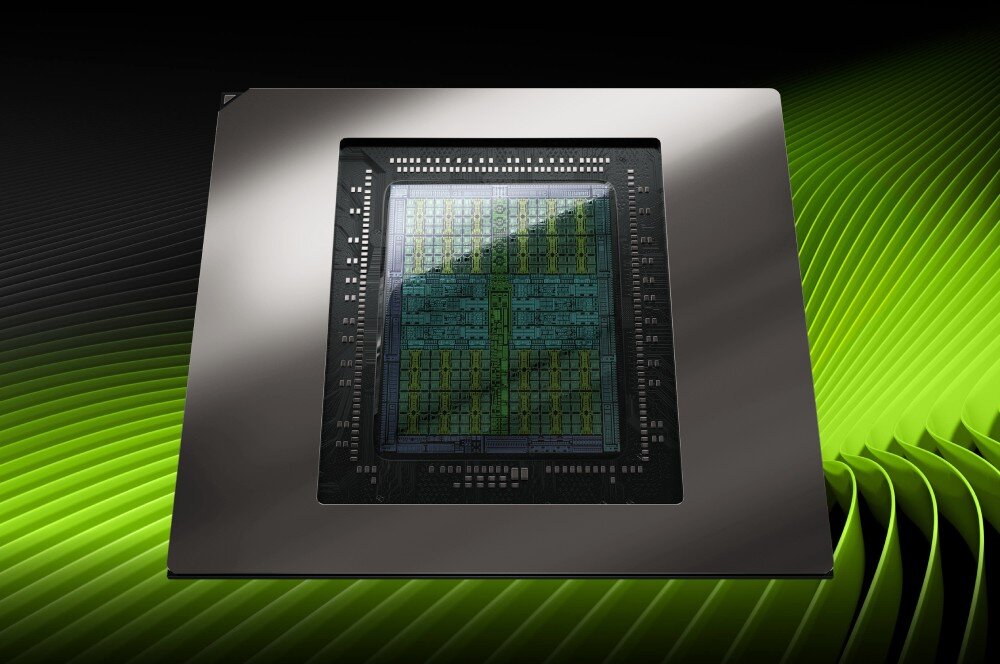 Komputer ASUS ROG G700TF-07265F421W Zbliżenie na kwadratowy układ scalony karty graficznej na tle zielonych falistych linii, karta graficzna, technologia