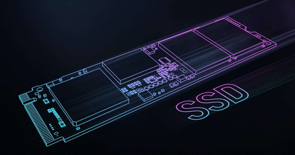 Komputer ASUS ROG G700TF-07265F421W Ilustracja dysku SSD w formie neonowego szkicu w kolorach niebieskim i różowym z podpisem 'SSD', dysk, interfejs, pojemność