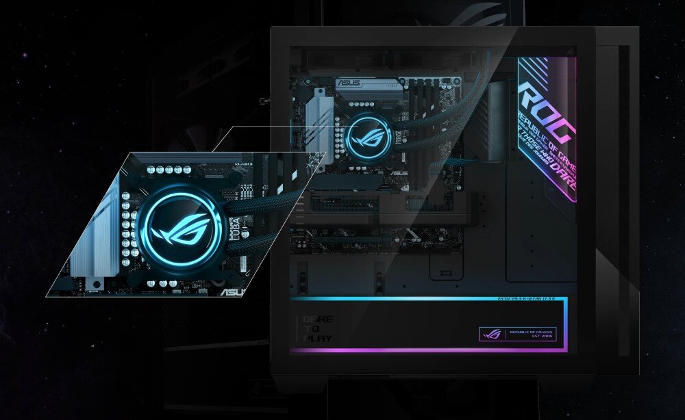 Komputer ASUS ROG G700TF-07265F421W Zbliżenie na podświetlony na niebiesko okrągły blok chłodzenia procesora zamontowany na płycie głównej wewnątrz obudowy, wentylacja, wentylatory, chłodzenie AiO