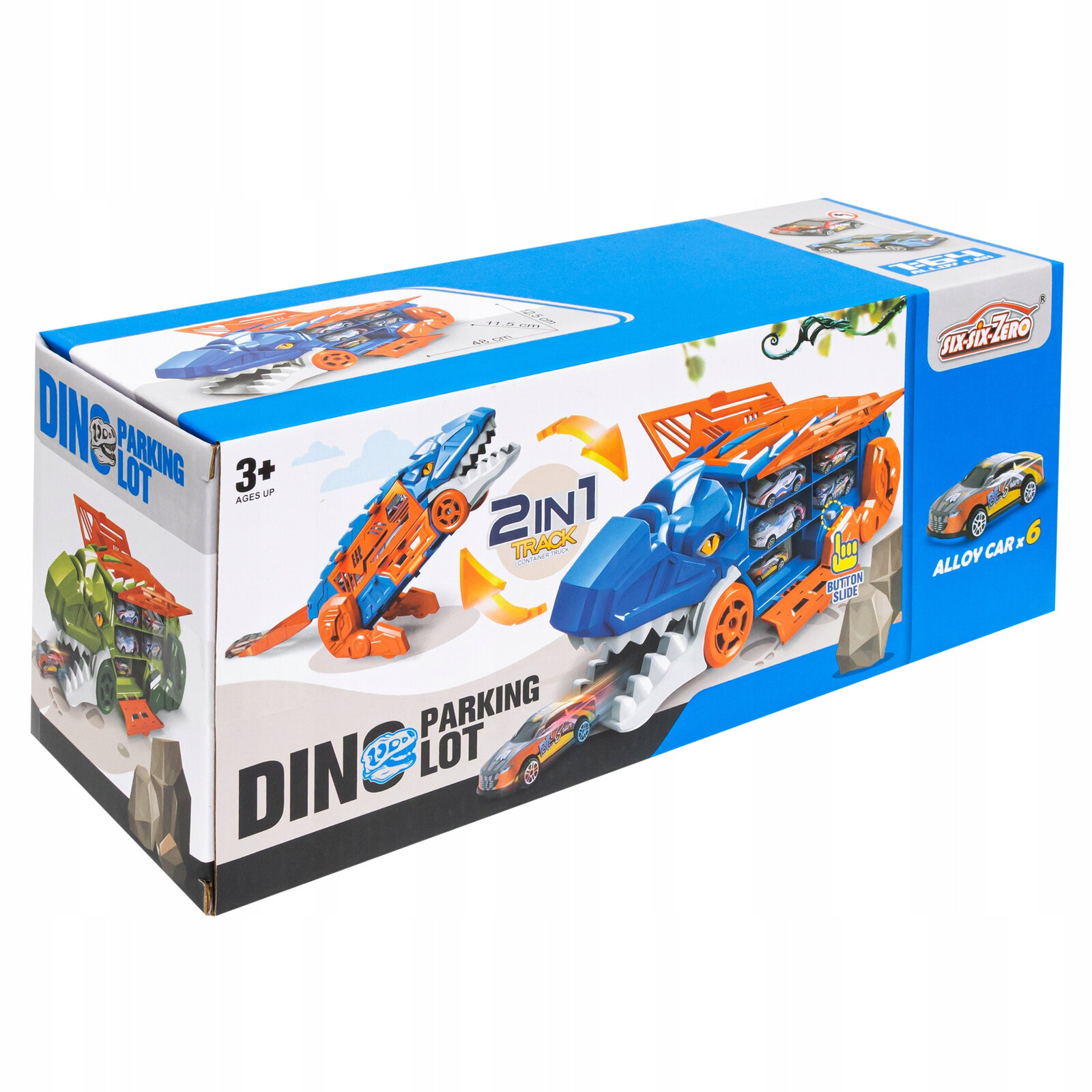 Opakowanie zabawki przedstawia kolorowy tor w kształcie dinozaura z napisem \'2 IN 1 TRACK\'. Widoczny jest także napis \'DINO PARKING LOT\' oraz informacja \'ALLOY CAR x 6\'.