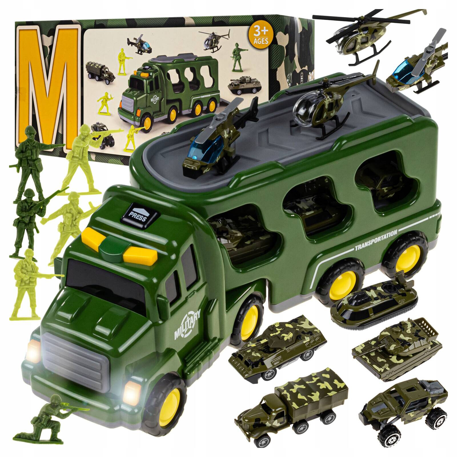 Zestaw zabawek militarnych składający się z dużego, zielonego transportera z napisem \'MILITARY\' oraz mniejszych pojazdów i figurek żołnierzy. W tle widoczne jest opakowanie z oznaczeniem \'3+ AGES\'.