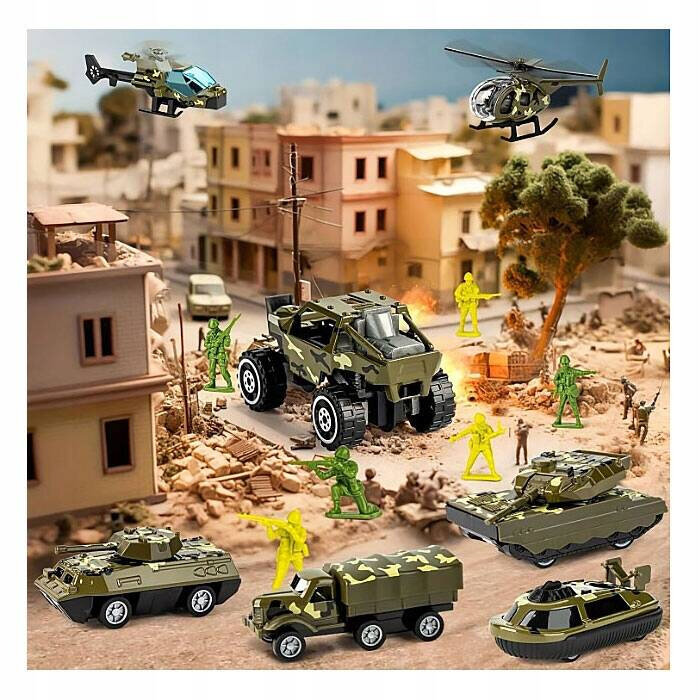 Zestaw militarny dla dzieci przedstawia różne pojazdy wojskowe i figurki żołnierzy w scenerii miejskiej. Widać czołgi, helikoptery, ciężarówki i figurki w kolorach zielonym i żółtym na tle zniszczonych budynków.
