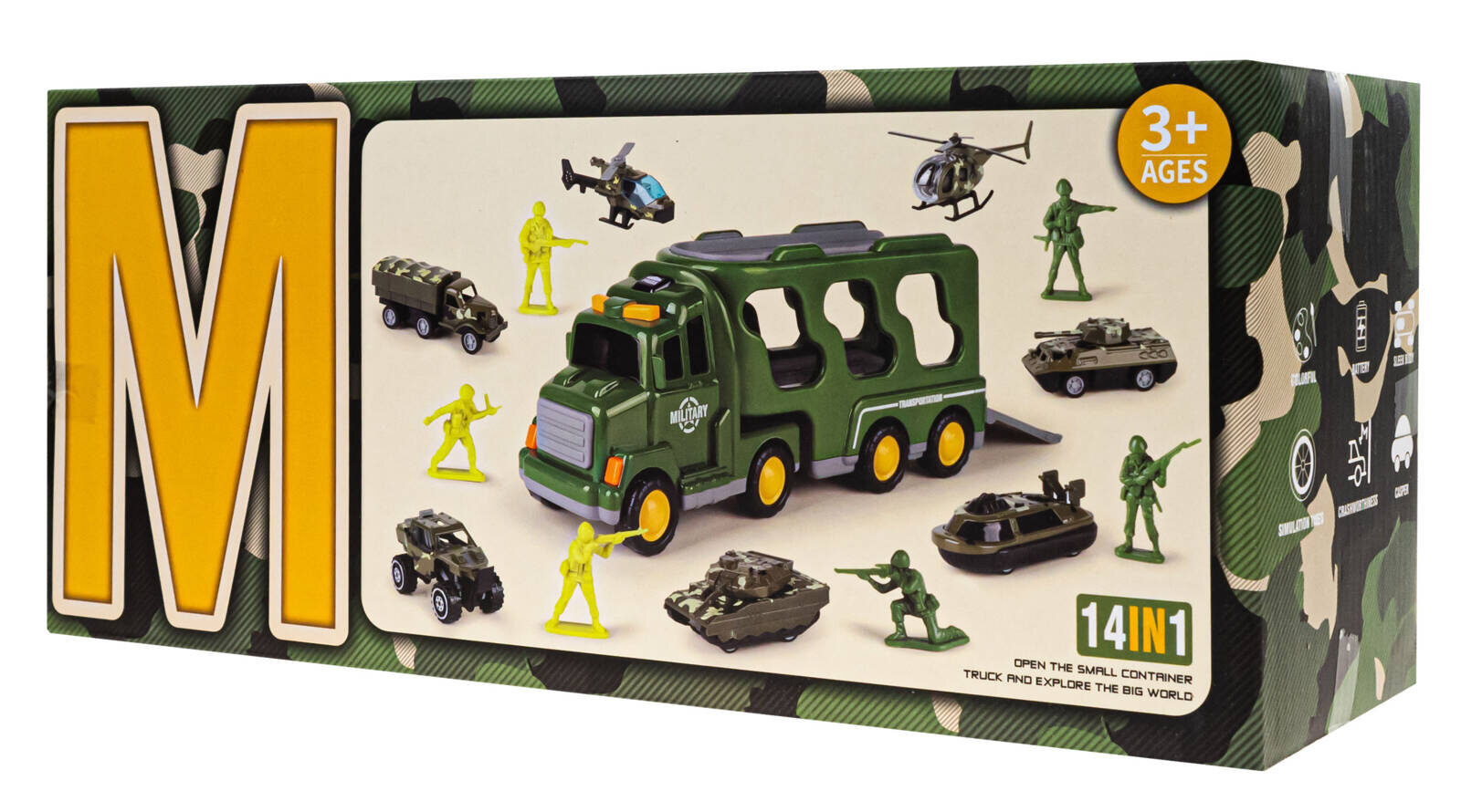 Opakowanie zestawu militarnego dla dzieci zawiera zielony transporter wojskowy, figurki żołnierzy, helikoptery i pojazdy wojskowe. Na opakowaniu widnieje napis \'3+ AGES\' oraz \'14 IN 1\'.