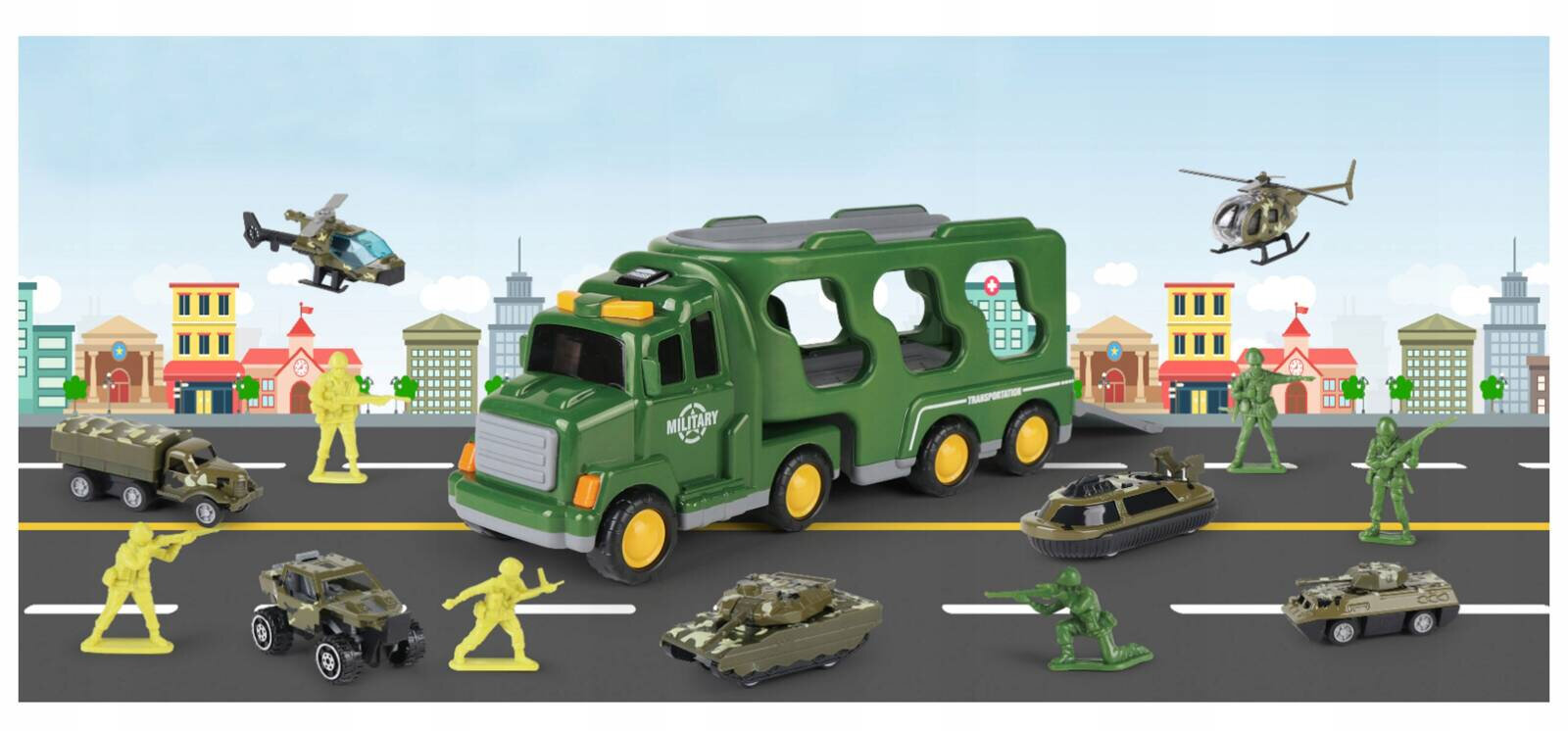 Na obrazie znajduje się zielony transporter wojskowy z napisem \'MILITARY\', otoczony miniaturowymi figurkami żołnierzy, pojazdami wojskowymi i helikopterami na tle miejskiego krajobrazu. W tle widoczne są kolorowe budynki i niebo.