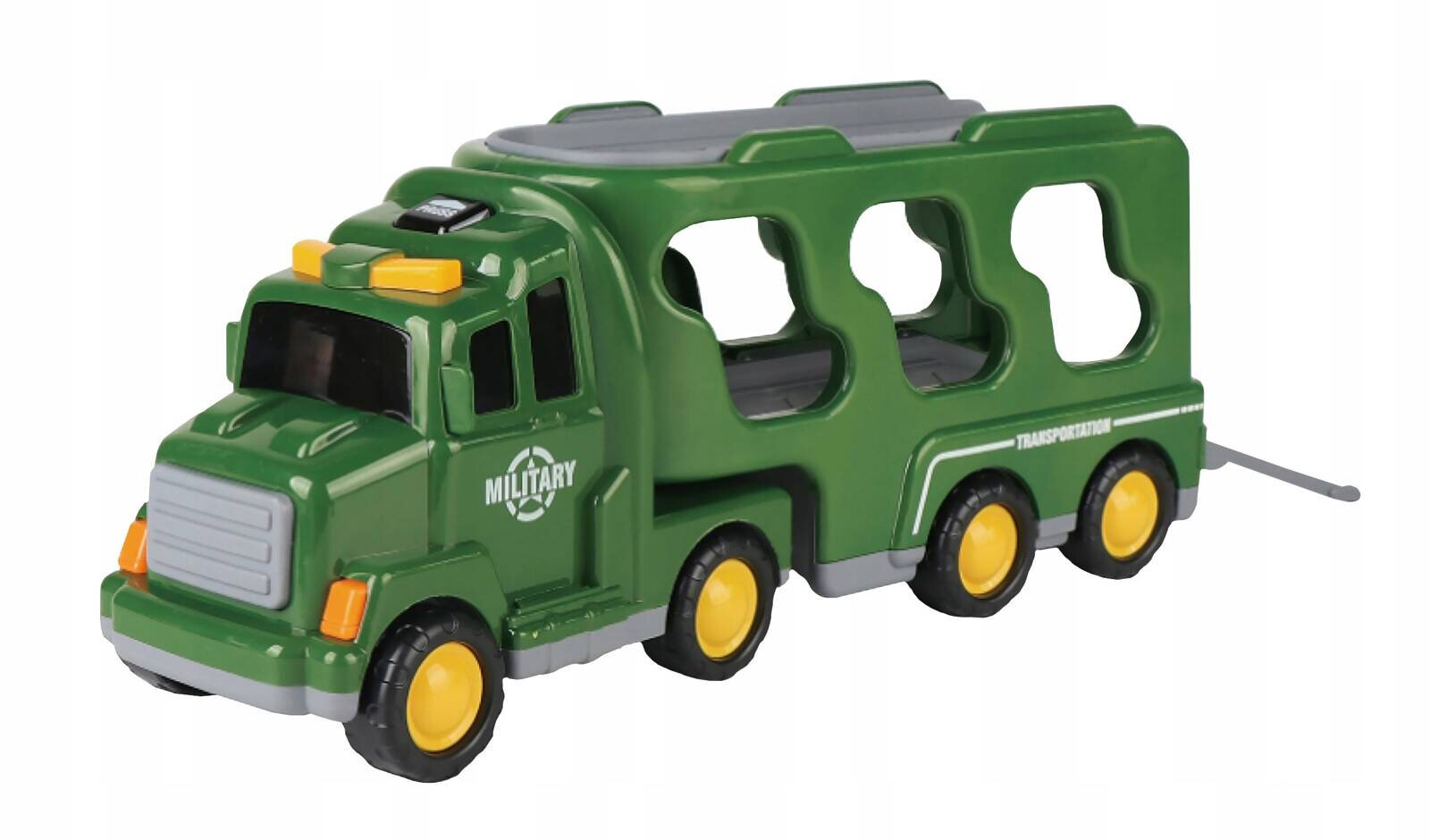 Zielony plastikowy transporter wojskowy z napisem \'MILITARY\' i \'TRANSPORTATION\' na boku, posiada sześć żółtych kół i otwarte przestrzenie na górze.