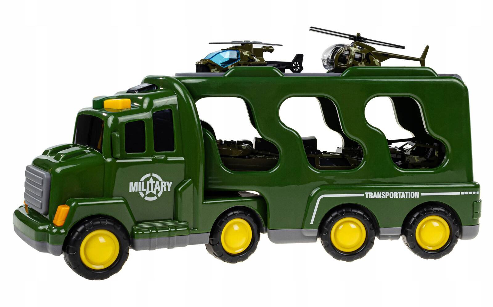 Zielony plastikowy transporter wojskowy z żółtymi kołami, na którym widnieje napis \'MILITARY\' oraz \'TRANSPORTATION\'. Na dachu transportera znajdują się dwa małe helikoptery.