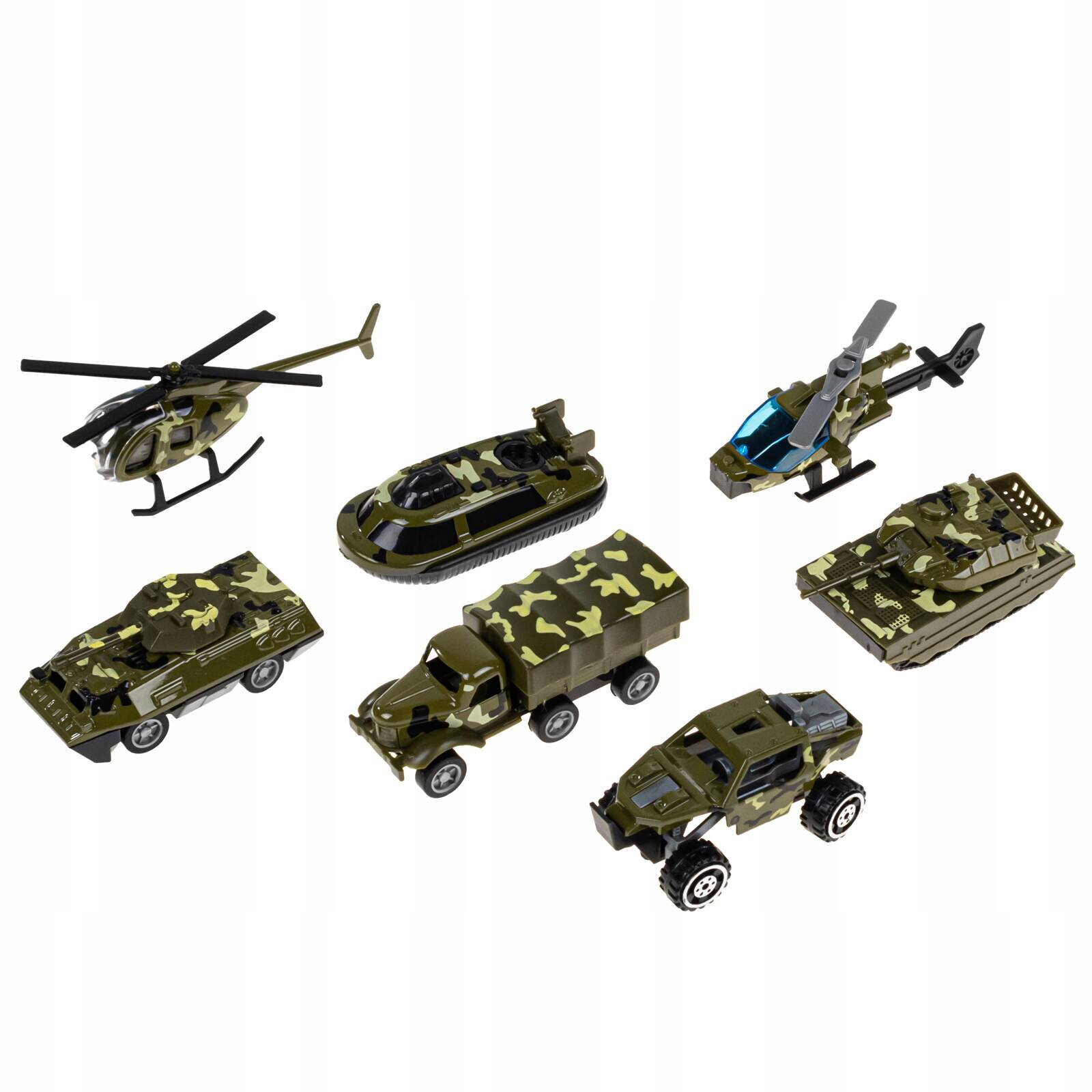 Zestaw zabawek militarnych składający się z sześciu pojazdów w kolorze zielonym z kamuflażem, w tym helikoptery, czołg, transporter i samochody terenowe. Każdy pojazd ma detale charakterystyczne dla sprzętu wojskowego.