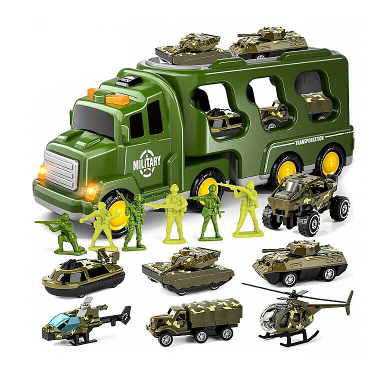 Zestaw zabawek militarnych składający się z dużego zielonego transportera z napisem \'MILITARY\' oraz \'TRANSPORTATION\', kilku figurek żołnierzy i różnych pojazdów wojskowych, w tym czołgów, helikoptera i samochodów terenowych.