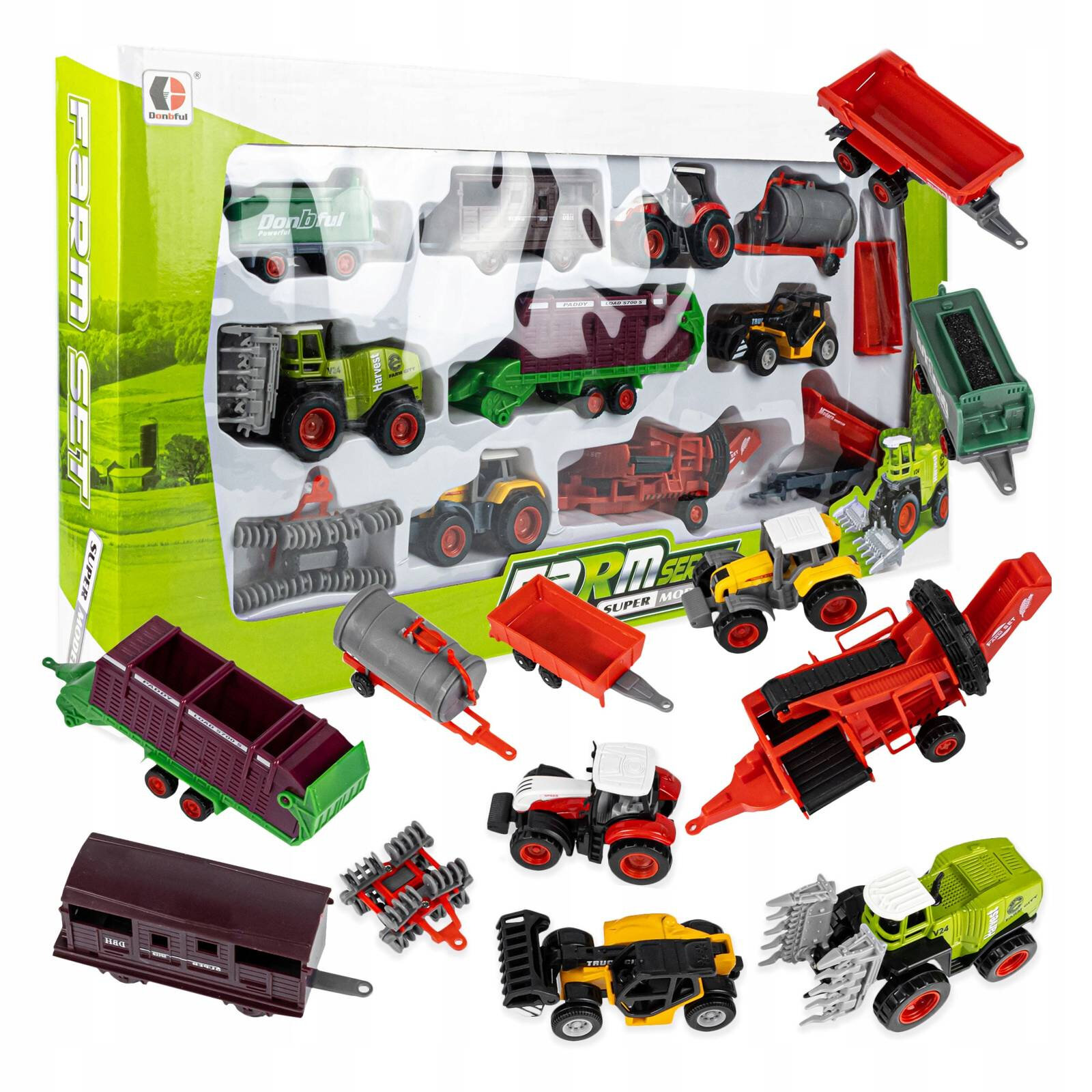Zestaw zabawek rolniczych w opakowaniu z napisem \'FARM SET\' zawiera różne modele traktorów i maszyn rolniczych. Opakowanie jest zielone z przezroczystym frontem, a na nim widoczne są miniaturowe pojazdy i akcesoria.