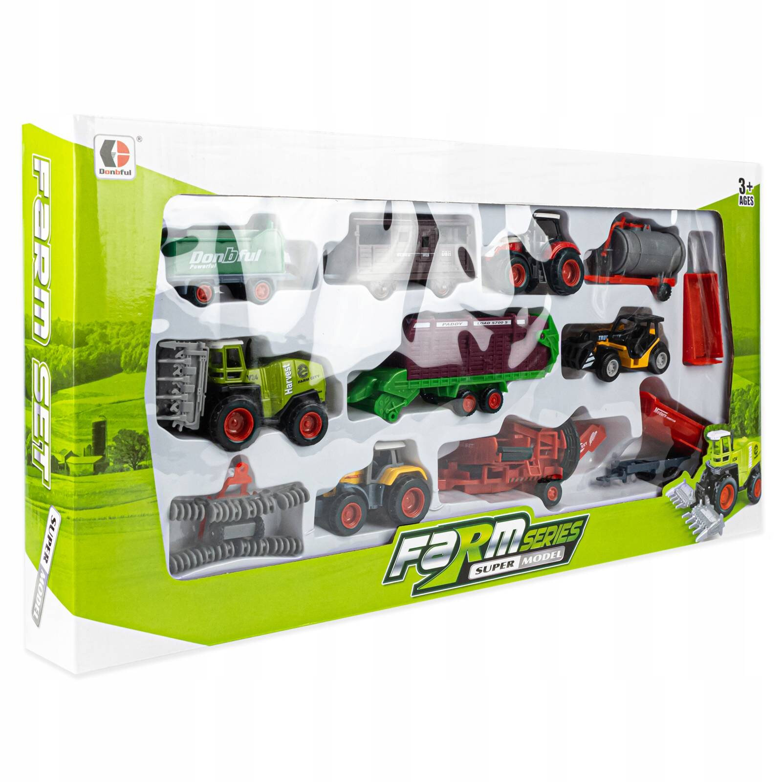 Opakowanie z zestawem zabawek rolniczych, w tym traktorów i maszyn, z napisem \'Farm Series Super Model\'. Widoczne jest logo producenta \'Donhui\' oraz oznaczenie wieku 3+.