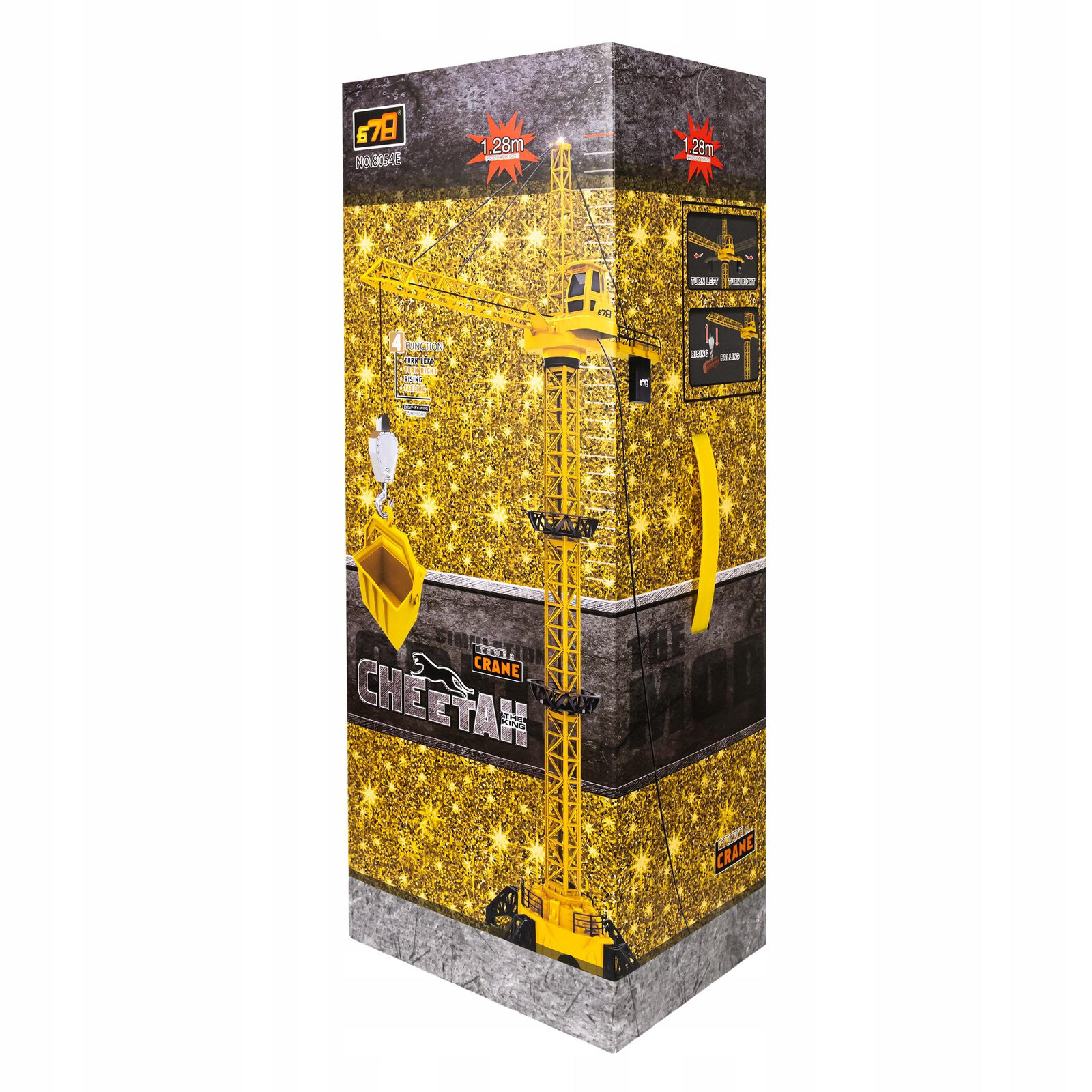 Opakowanie zabawki przedstawiające żółty dźwig żuraw z ruchomym hakiem i obracanym ramieniem o wysokości 128 cm. Na opakowaniu widnieje napis \'CHEETAH\' oraz \'CRANE\'.