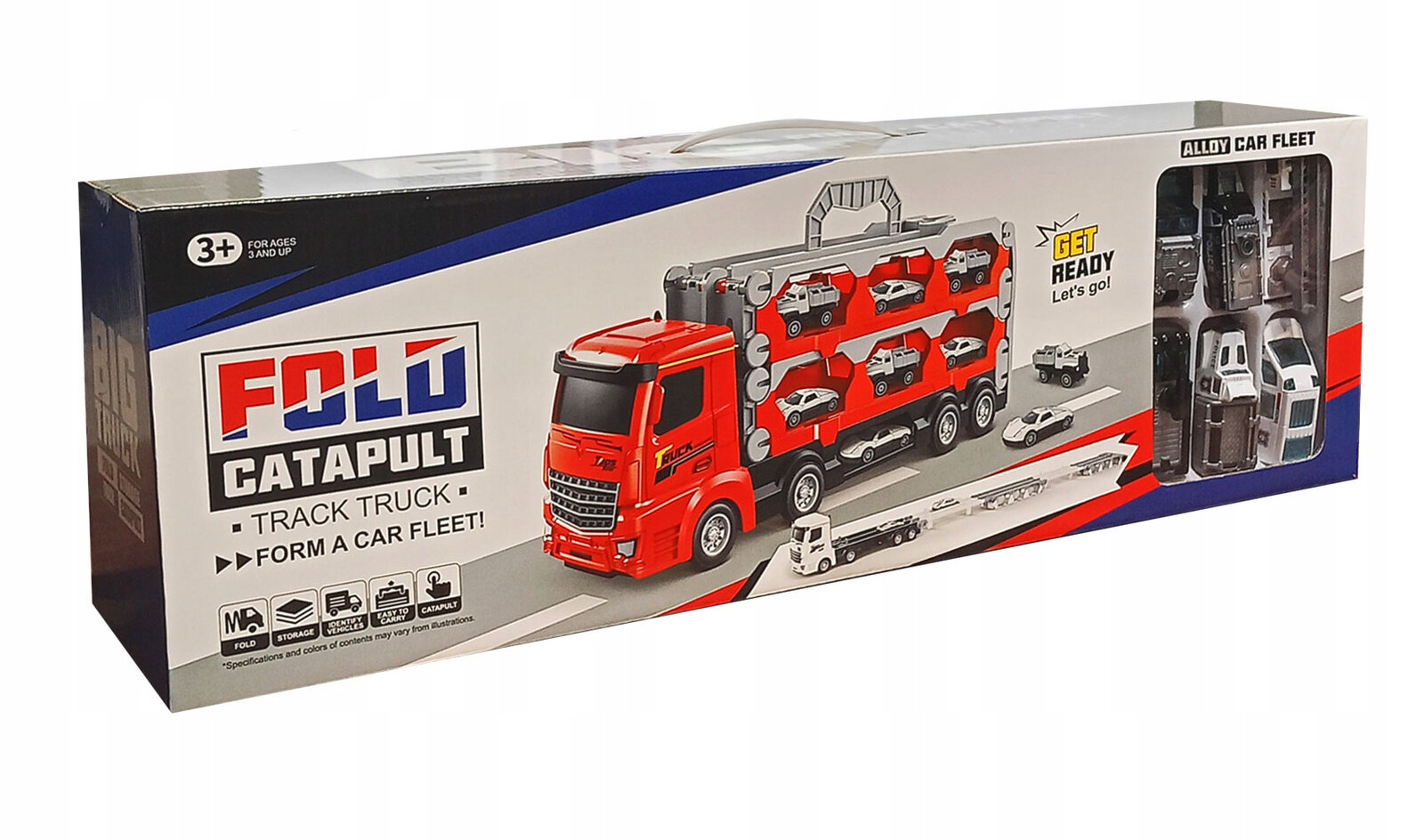 Opakowanie zabawki przedstawia czerwoną ciężarówkę z miejscem na sześć małych samochodzików. Na opakowaniu widnieje napis \'FOLD CATAPULT TRACK TRUCK\' oraz \'GET READY Let\'s go!\'.
