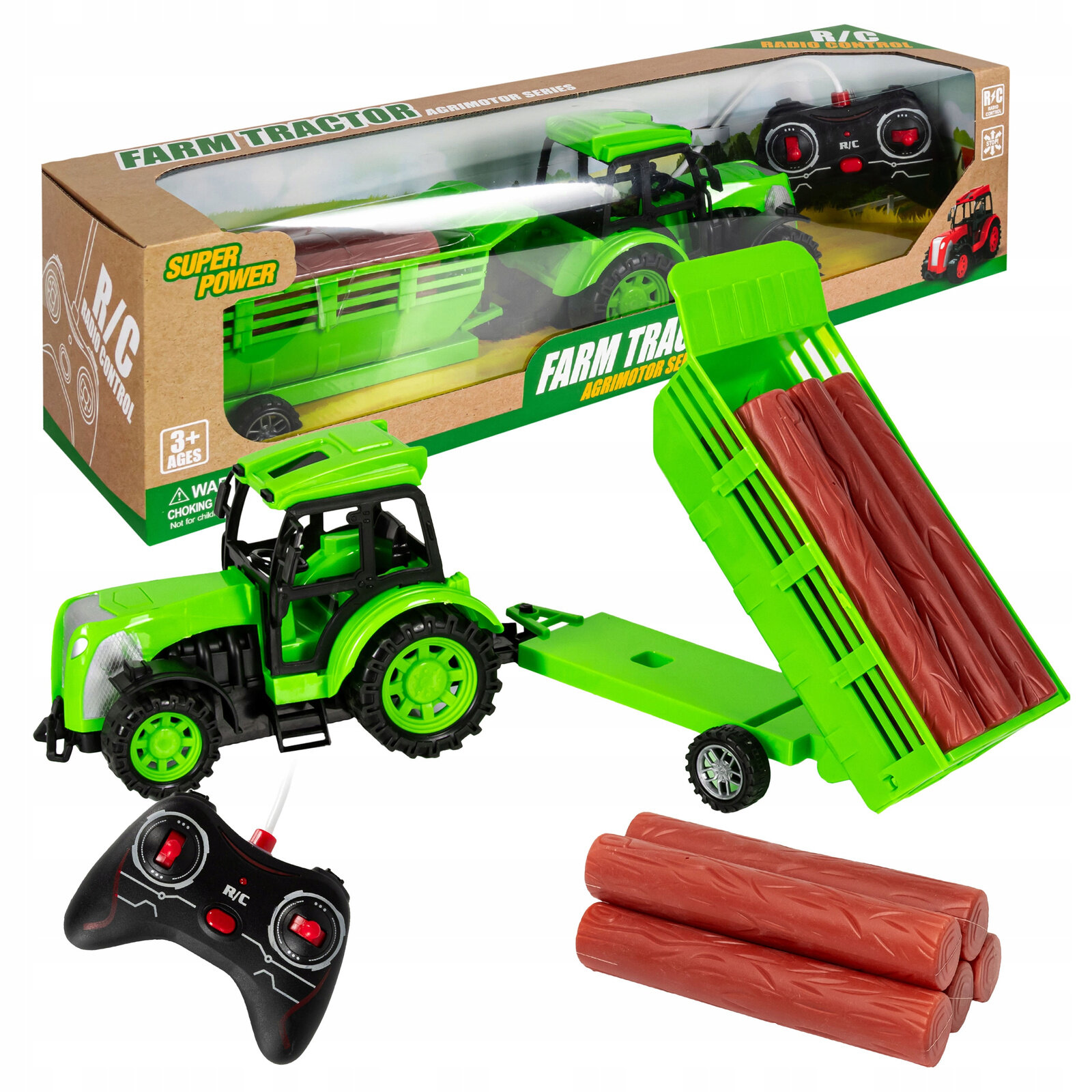 Zielony zdalnie sterowany traktor z przyczepą, na której znajdują się plastikowe kłody drewna. W tle widoczne jest opakowanie z napisem \'FARM TRACTOR AGRIMOTOR SERIES\' oraz pilot do sterowania.