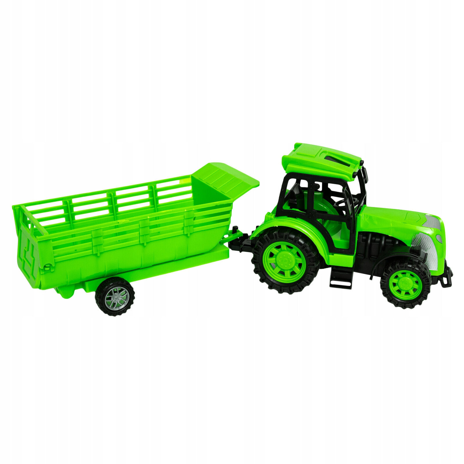 Zielony zdalnie sterowany traktor z przyczepą, wykonany z plastiku. Traktor ma czarne detale i duże koła, a przyczepa jest otwarta z burtami.