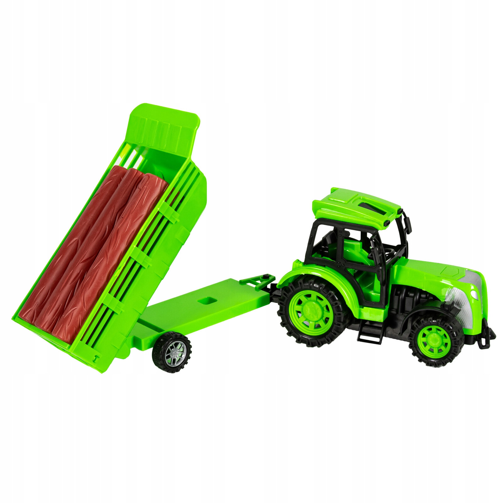 Zielony zdalnie sterowany traktor z przyczepą, w której znajdują się brązowe elementy przypominające drewno. Traktor ma czarne koła z zielonymi felgami.