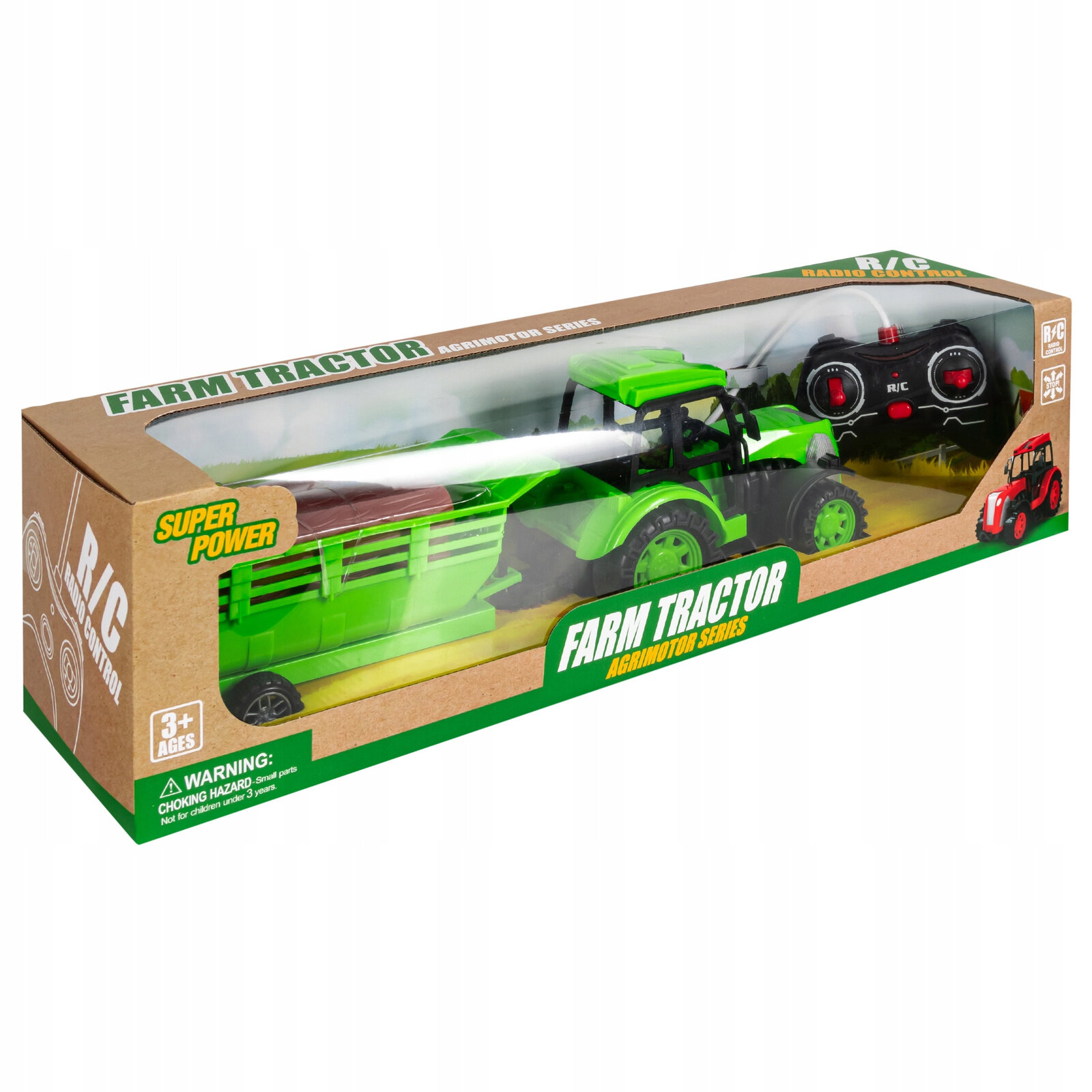 Opakowanie z zabawkowym, zdalnie sterowanym zielonym traktorem i pilotem. Na opakowaniu widnieje napis \'FARM TRACTOR AGRIMOTOR SERIES\' oraz \'SUPER POWER\'.