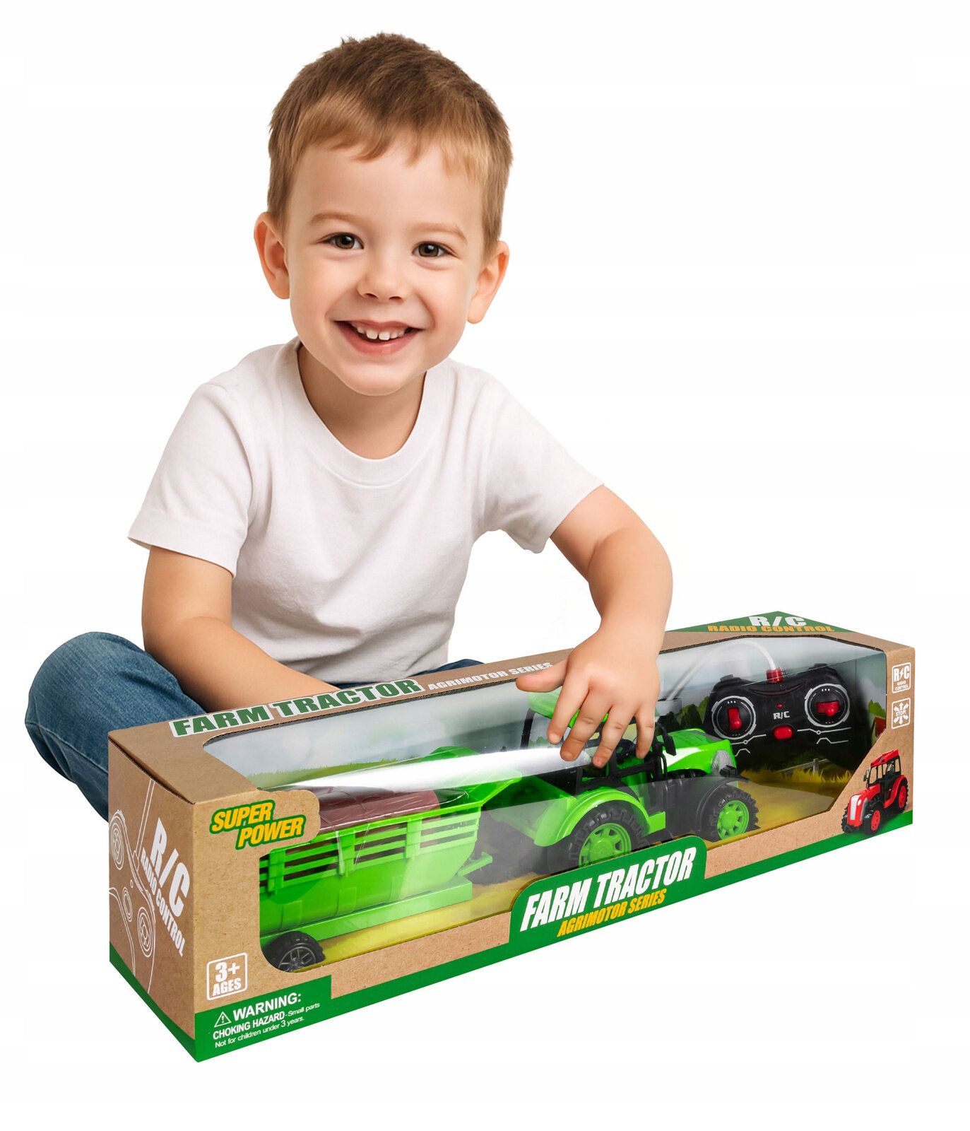 Dziecko trzyma pudełko z zabawkowym zdalnie sterowanym traktorem i przyczepą. Na opakowaniu widnieje napis \'FARM TRACTOR AGRICULTURE SERIES\' oraz \'SUPER POWER\'.