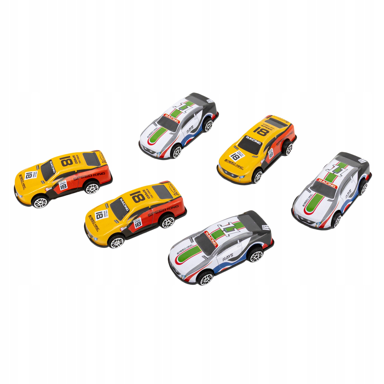 Na obrazie znajduje się sześć małych samochodzików wyścigowych w różnych kolorach, w tym żółtym, białym i czerwonym, z numerem 18 i napisami \'RACING\' na karoserii.
