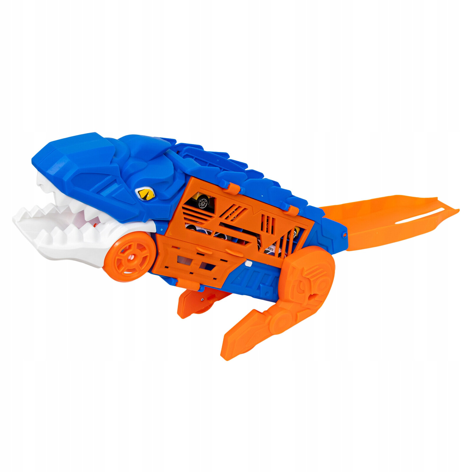 Zabawka w kształcie dinozaura w kolorach niebieskim i pomarańczowym, z otwartą paszczą i widocznymi kołami. Produkt ma funkcję transportera i wyrzutni autek.